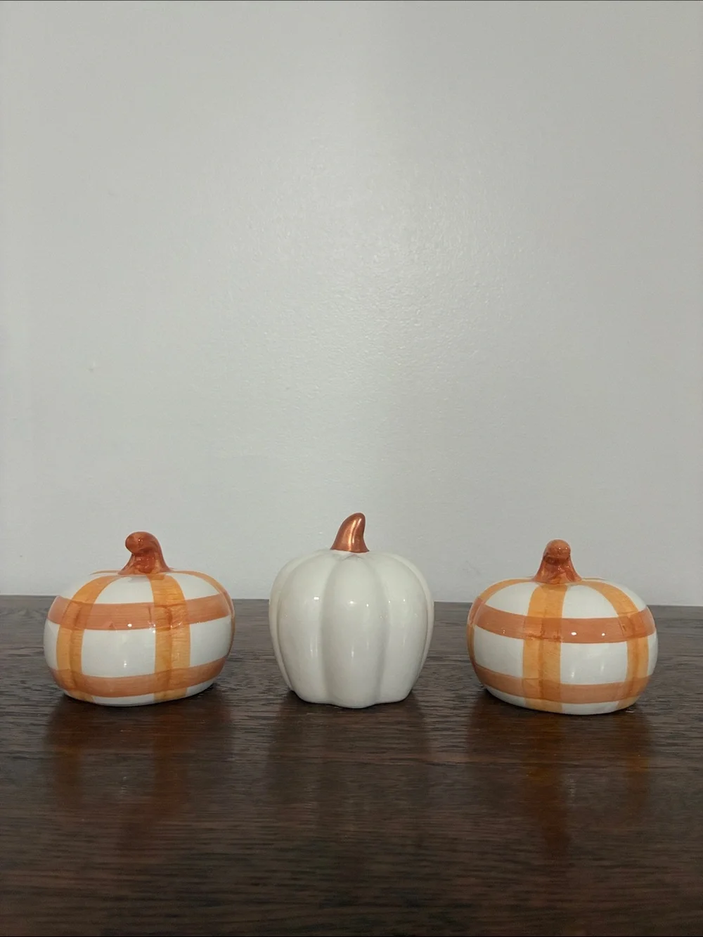 NWT- Hello Fall & Orange & White Striped Ceramic Pumpkins Trio